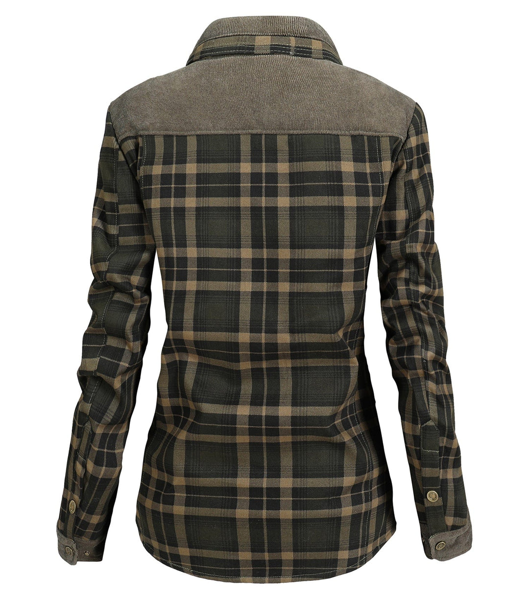 Hanging women's classic plaid flannel jacket, ready for autumn and winter fashion.