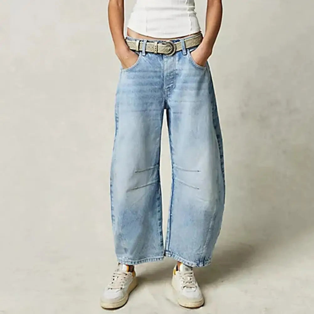 Comfortable women's barrel leg jeans in stretch denim, perfect for active casual wear