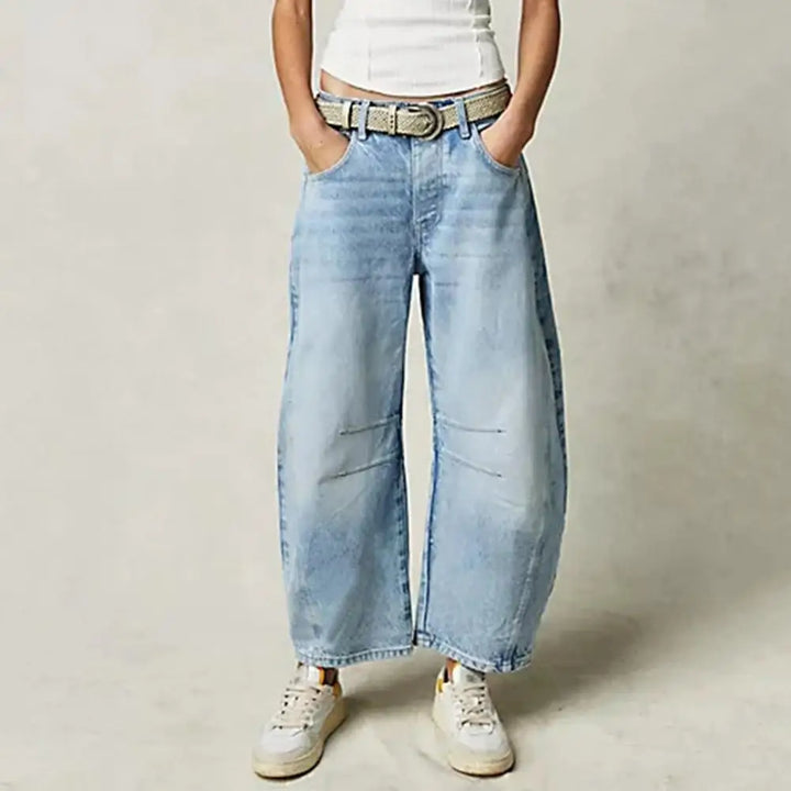 Comfortable women's barrel leg jeans in stretch denim, perfect for active casual wear