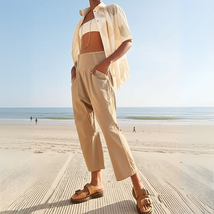 Three-quarter view of women's wide leg cotton linen pants, highlighting the garment's flow.