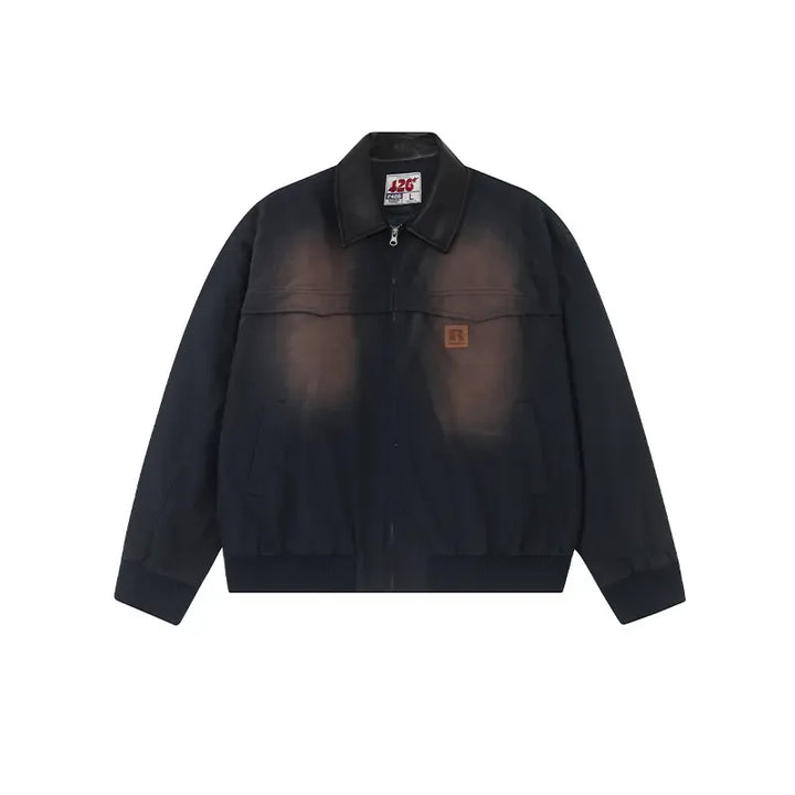 Front view of a women's cotton blend canvas jacket with a zipper closure and stylish contrast collar.