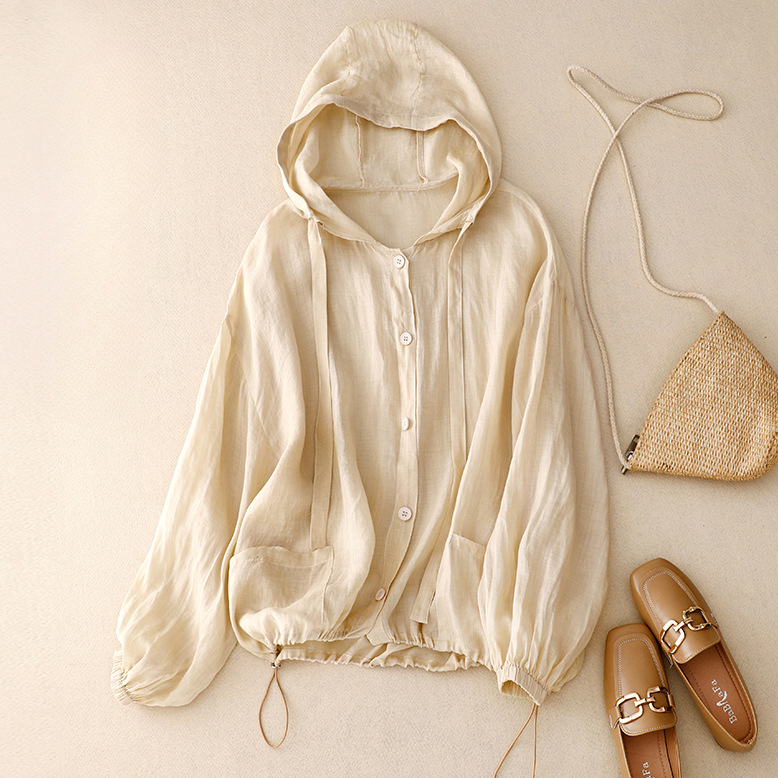 Women's relaxed fit casual hoodie for spring/summer, airy long sleeve top.