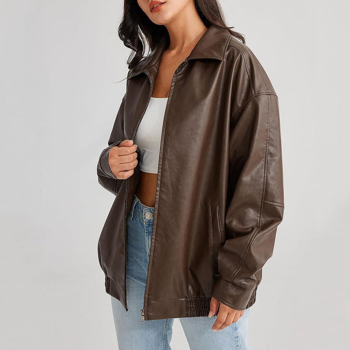 Trendy casual outerwear for women, a relaxed fit zip-up jacket in a versatile color