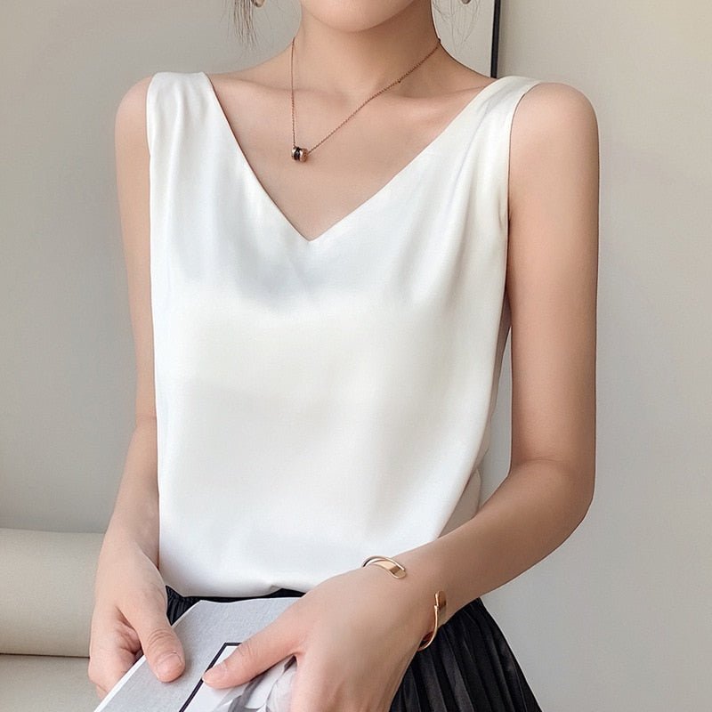 Versatile women's sleeveless satin tank top with a stylish V-neck and relaxed, comfortable fit.
