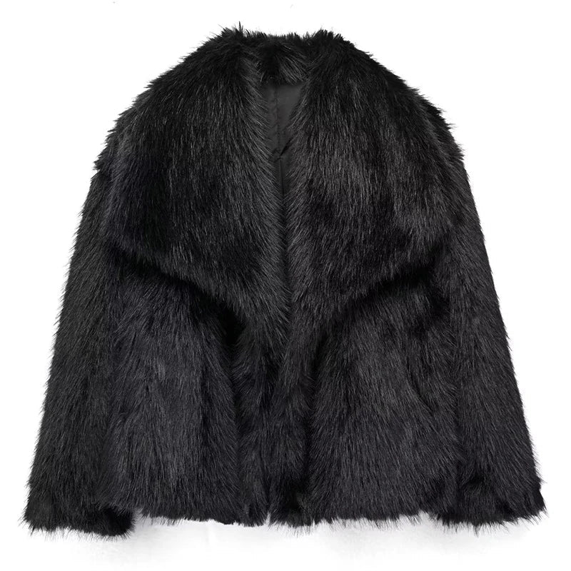 Model smiling while wearing a chic women's relaxed fit faux fur jacket, a must-have for winter elegance.