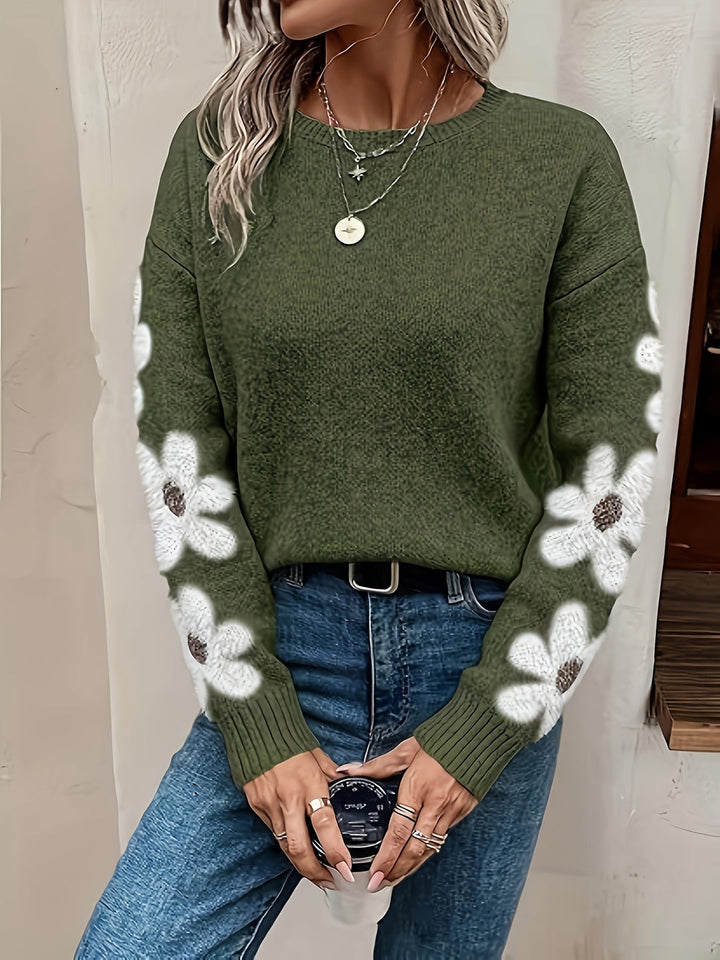 Warm women's knit sweater with a beautiful daisy print, designed for chilly fall evenings.