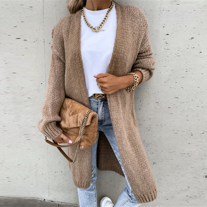 Versatile women's long open front cardigan, a relaxed fit layering piece for various outfits.