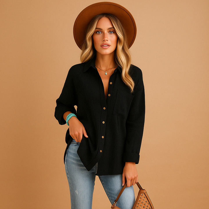Casual women's long sleeve polo blouse with button collar for versatile work or daily wear.