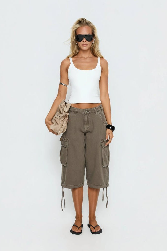 Women's relaxed fit mocha cargo capris, perfect for casual summer wear and everyday comfort.