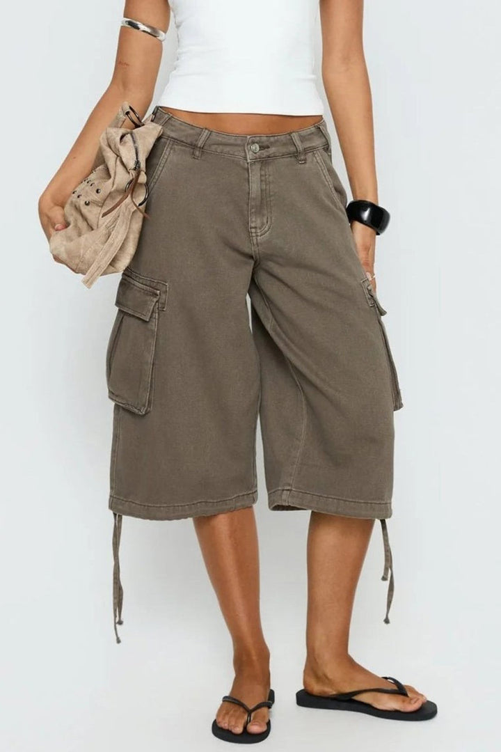 Soft women's relaxed mocha capris with cargo pockets, offering comfortable everyday wear & stylish summer bottoms.