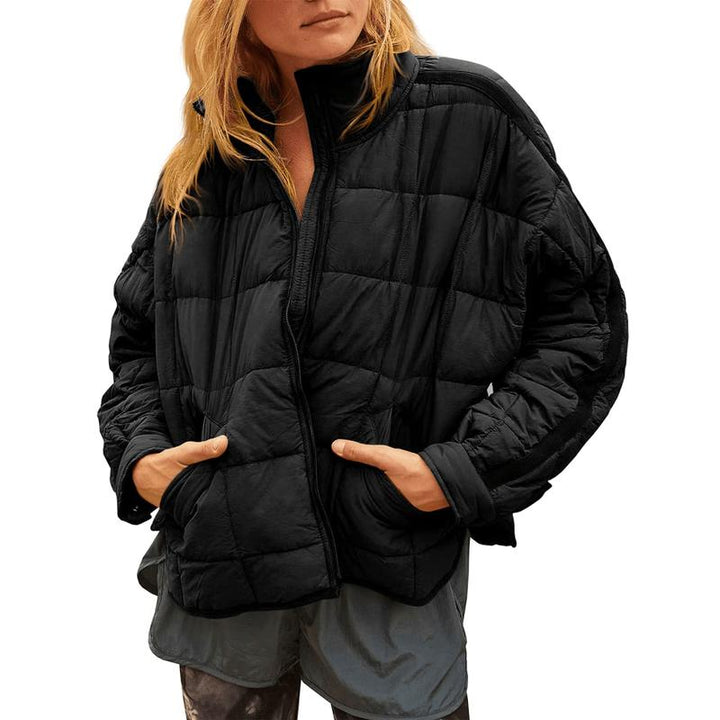 Close-up of the quilted pattern on a women's relaxed fit puffer jacket, highlighting its texture.