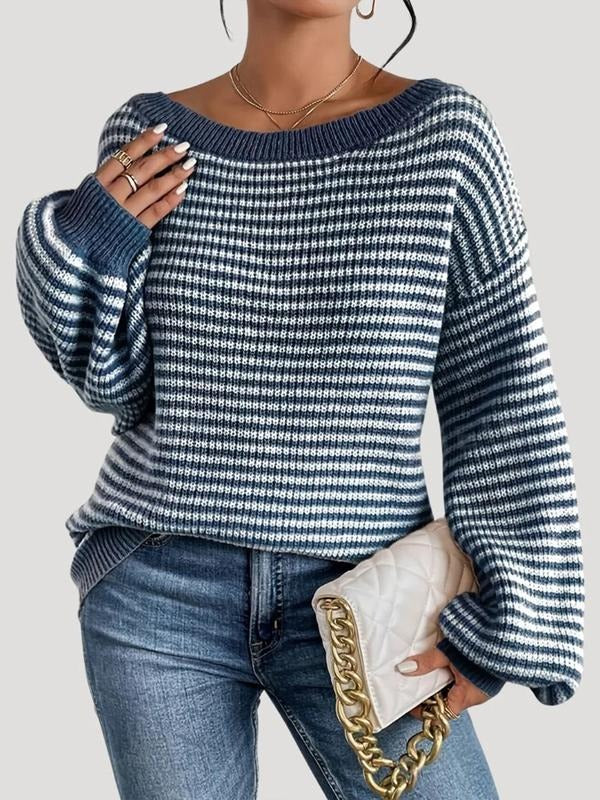 Casual women's striped knitwear sweater with a comfortable drop shoulder design