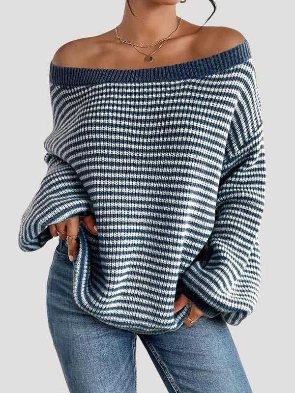 Women's casual striped knit sweater with drop shoulders, ideal for everyday wear