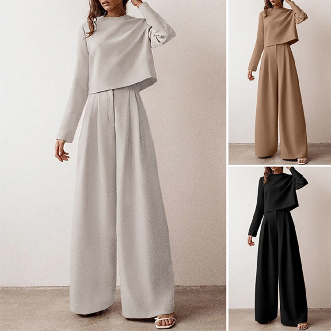 Neutral toned women's two-piece set, relaxed cropped top & wide-leg pants, versatile outfit