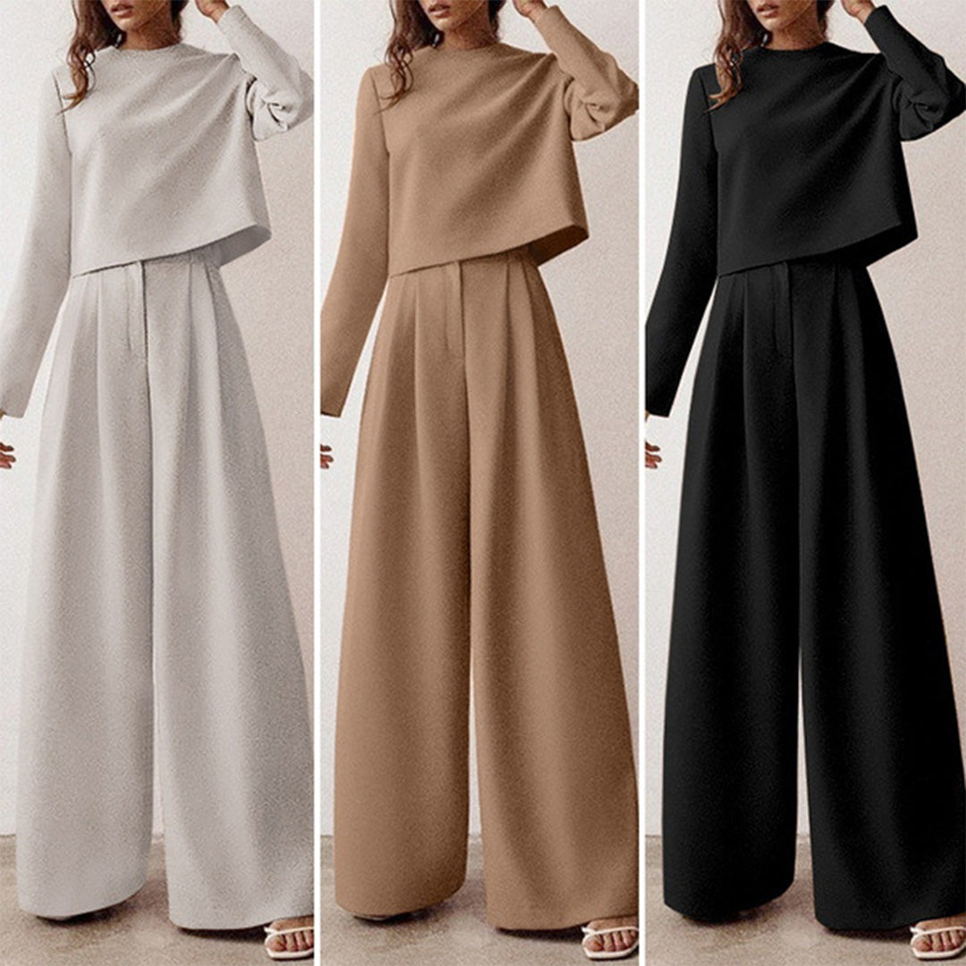 Comfortable and stylish women's two-piece set, relaxed crop top and flowy wide leg trousers