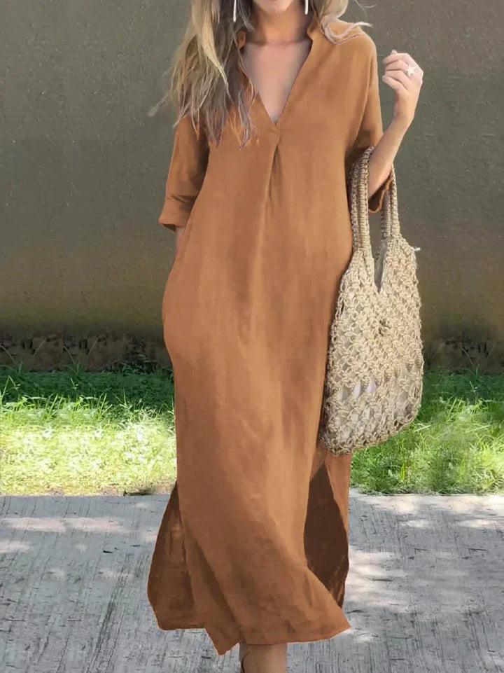 Women's Relaxed V-Neck Maxi Dress with 3/4 sleeves. A stylish, comfortable, and flowy summer & casual dress.