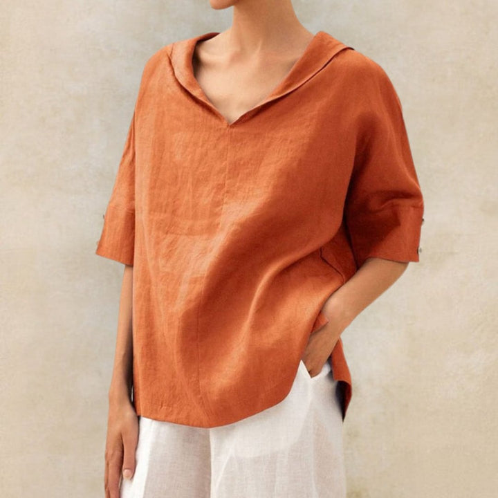 Close-up of a long-sleeve V-neck comfort top for women, ideal for spring fashion