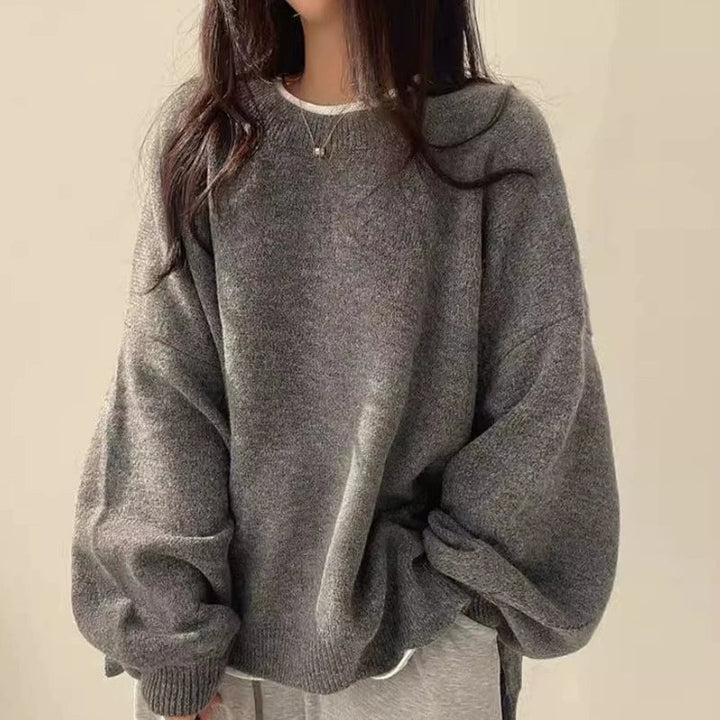 Women's relaxed hem drop knit sweater, oversized pullover, long sleeve casual top, black