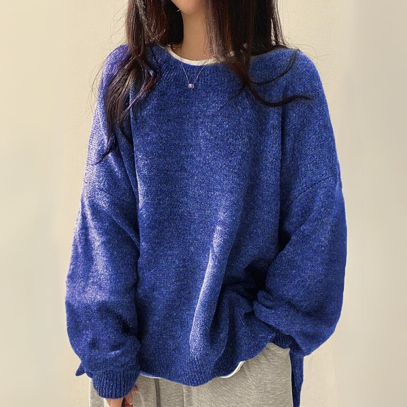 Comfortable women's drop knit sweater, relaxed hem, ideal oversized pullover top with slits