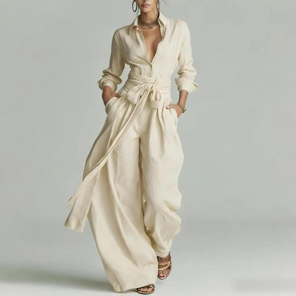 Women's relaxed linen co-ord shirt & wide-leg pant set in a natural shade, perfect for casual summer elegance.