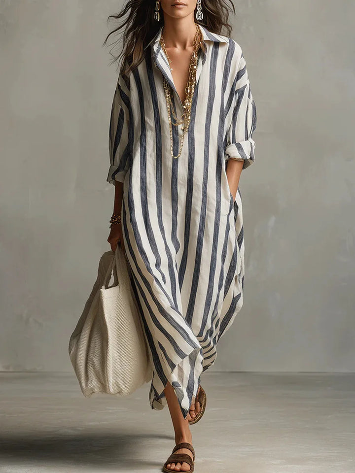 Women's relaxed long shirt dress. Comfortable V-neck, three-quarter sleeve summer casual dress for everyday wear.