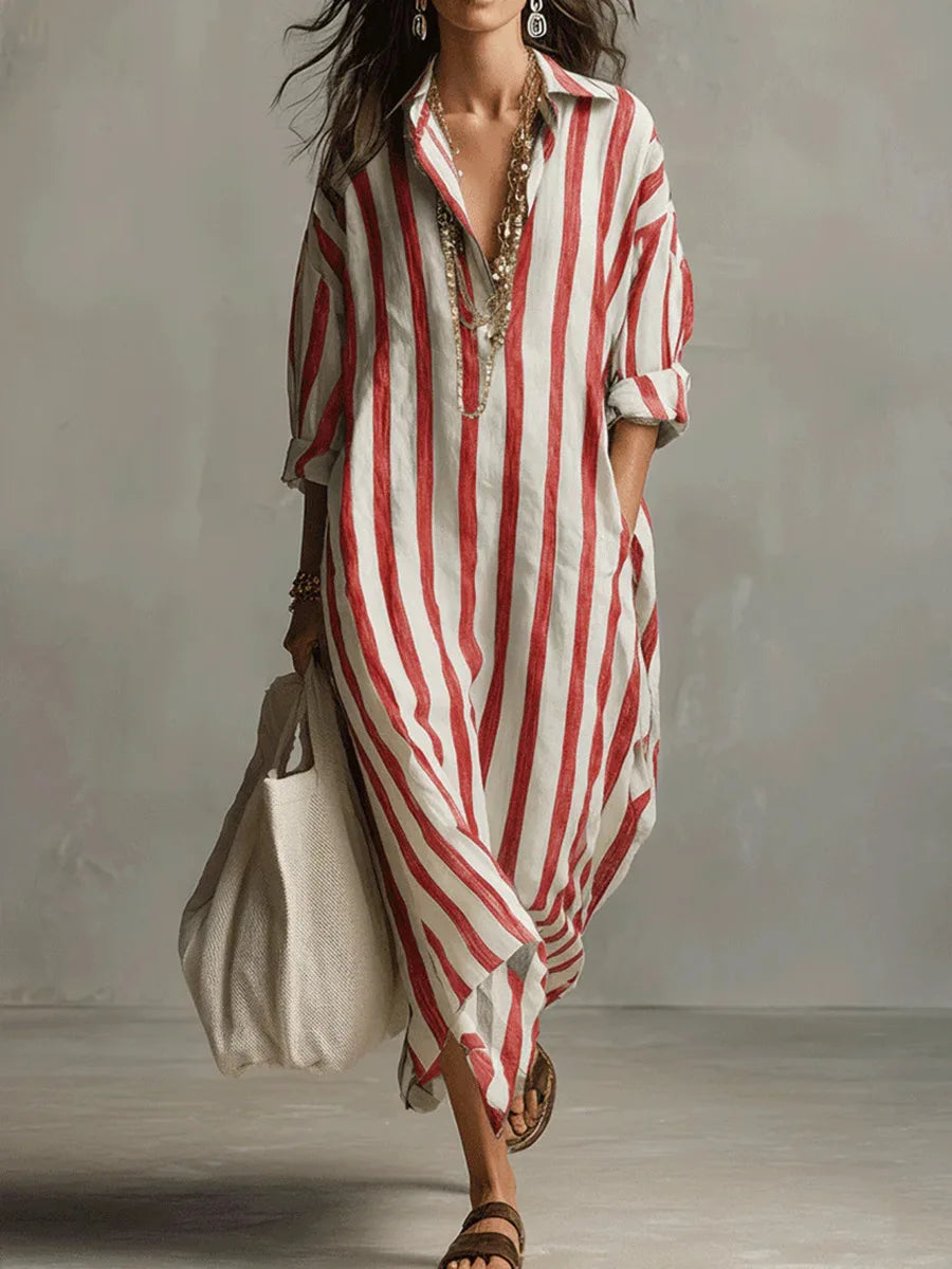 Stylish women's long shirt dress. Relaxed fit, V-neck, three-quarter sleeve, perfect for summer casual fashion and comfort.