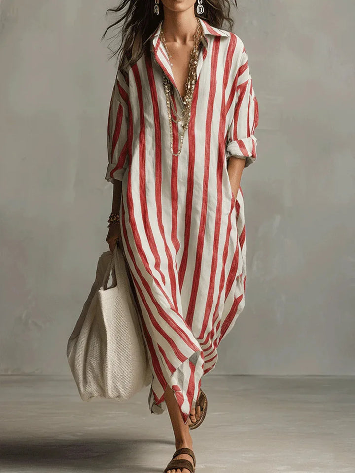 Stylish women's long shirt dress. Relaxed fit, V-neck, three-quarter sleeve, perfect for summer casual fashion and comfort.