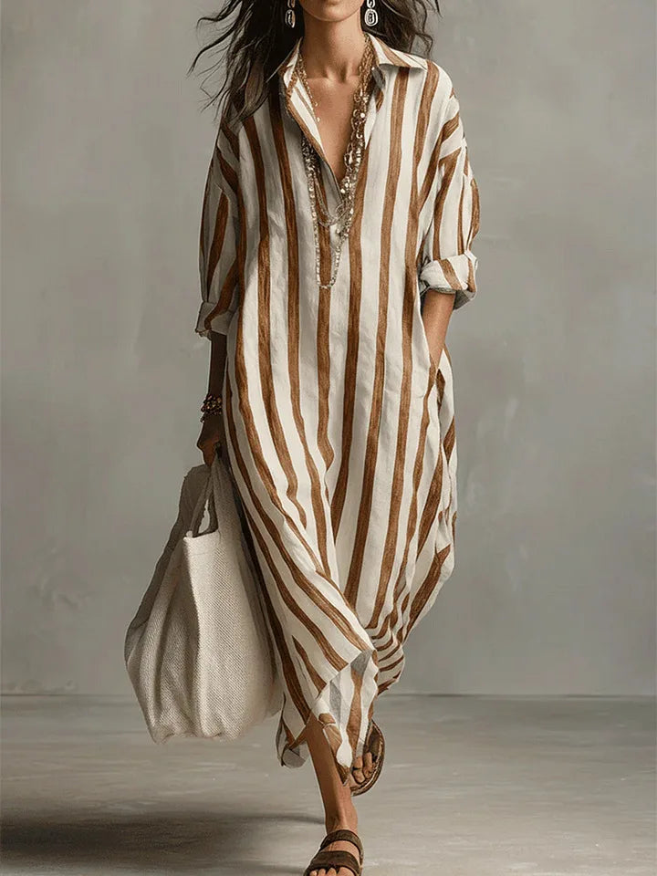 Women's V-neck, three-quarter sleeve long shirt dress. Striped, relaxed fit, ideal for summer comfort and casual style.