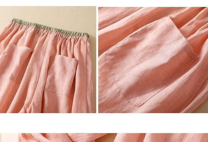 Close-up of the waistband on women's comfortable linen trousers, featuring a stretch design.