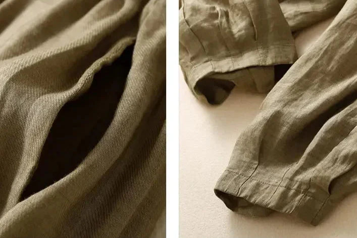 Stylish women's relaxed fit linen trousers, offering a contemporary tapered leg and ultimate comfort.