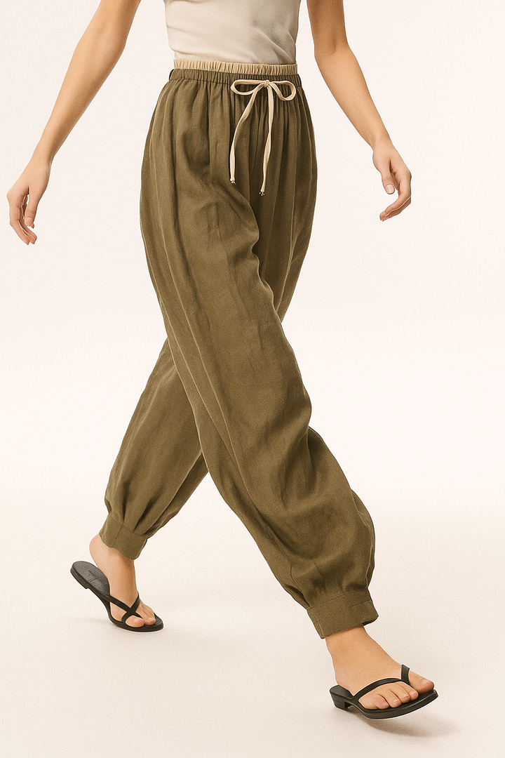 Styling inspiration: Women's tapered linen trousers paired with a simple top for a casual look.
