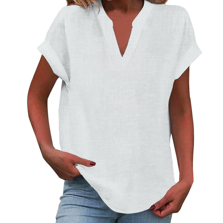 Women's summer V-neck blouse, relaxed fit, short sleeve, versatile & comfortable for casual style.