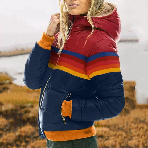 Women's retro color block puffer jacket, bomber style, for winter and fall fashion, warm outerwear