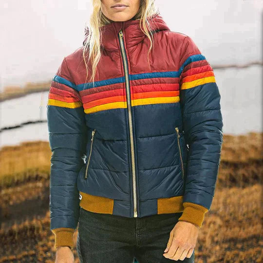 Casual women's retro color block puffer jacket with stand-up collar, perfect for cold weather