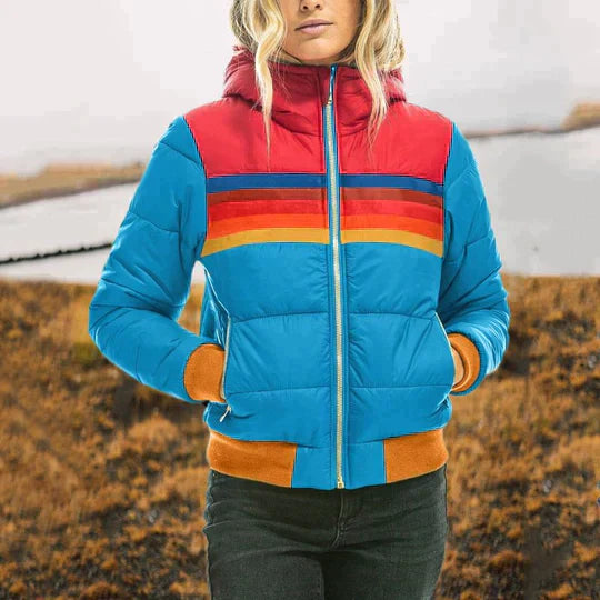 Stylish women's color block puffer jacket, featuring a vibrant retro design and cozy insulation