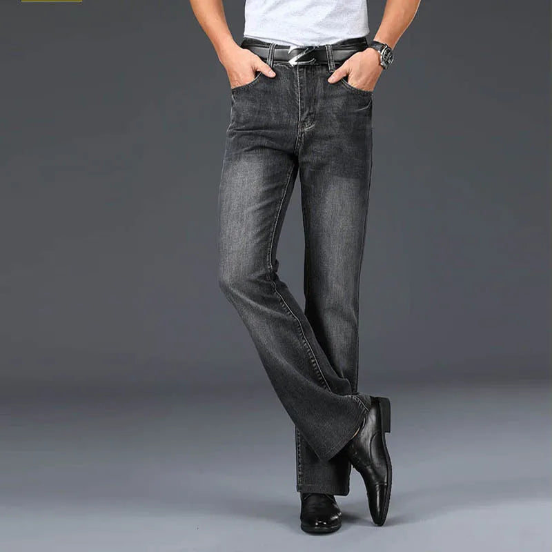 Stylish women's '70s fashion flared jeans, blue cotton blend, perfect vintage look