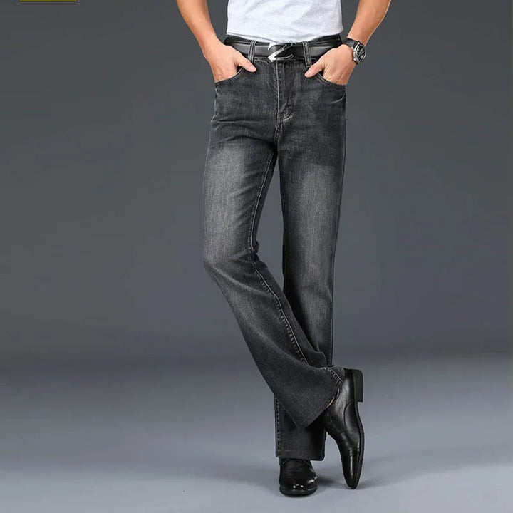 Stylish women's '70s fashion flared jeans, blue cotton blend, perfect vintage look