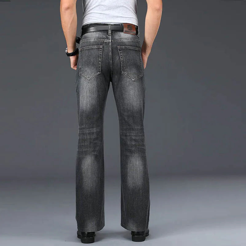 Close-up of retro denim flared jeans in blue, featuring '70s style and quality fabric
