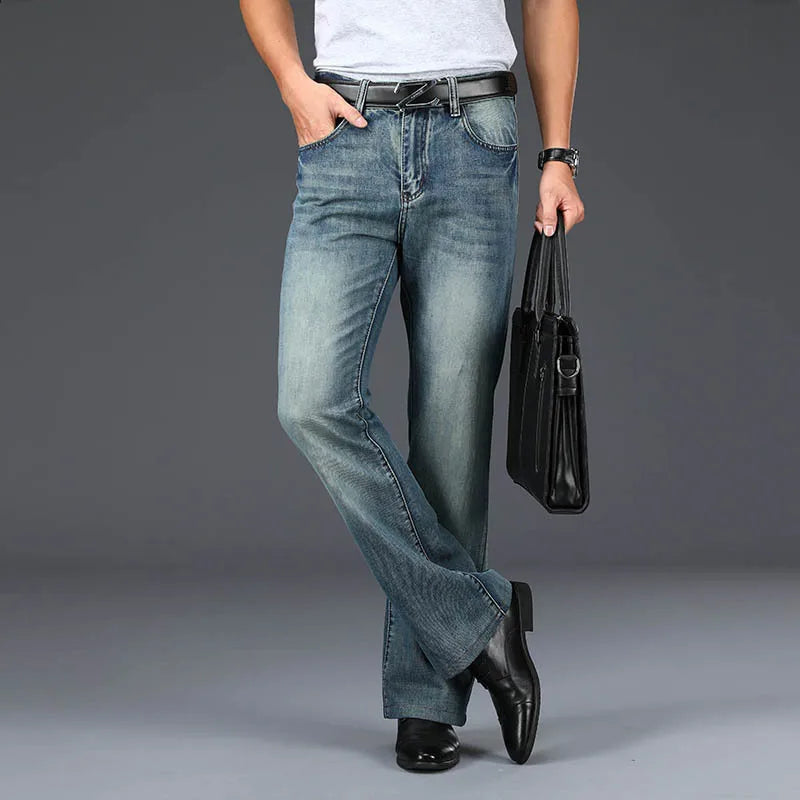 Model wearing women's '70s flared blue jeans, showcasing the retro bell bottom silhouette
