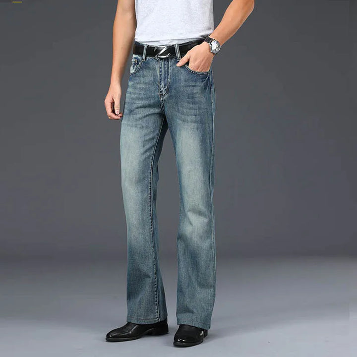 Gray women's retro flared jeans, '70s fashion bell bottoms in a unique vintage wash