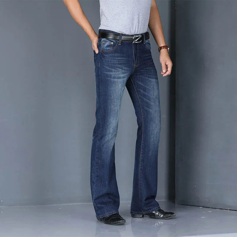 Full length view of women's '70s style flared denim jeans, blue, comfortable cotton blend
