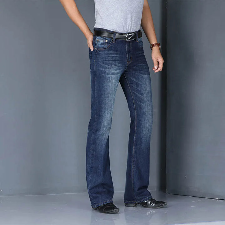 Full length view of women's '70s style flared denim jeans, blue, comfortable cotton blend