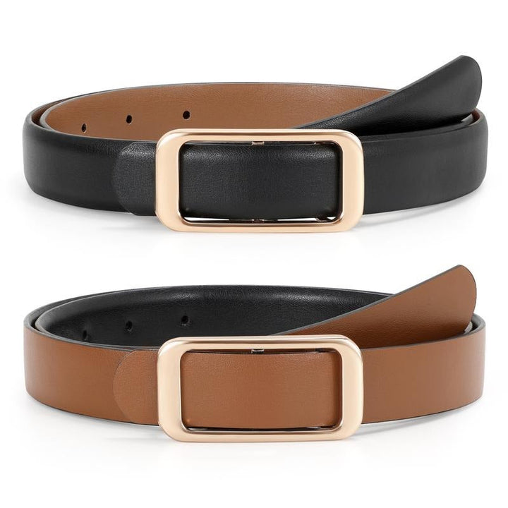Versatile women's belt: black and brown reversible leather with an elegant polished metal buckle.