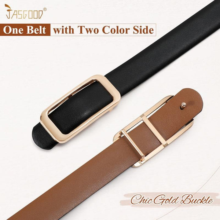 Close-up of a womens reversible leather belt buckle, showing polished finish and craftsmanship.