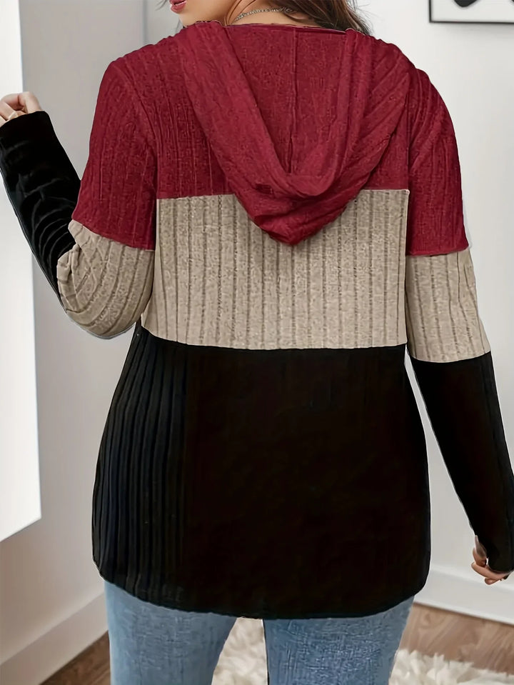 Back view of a women's comfortable long sleeve color block ribbed knit hoodie