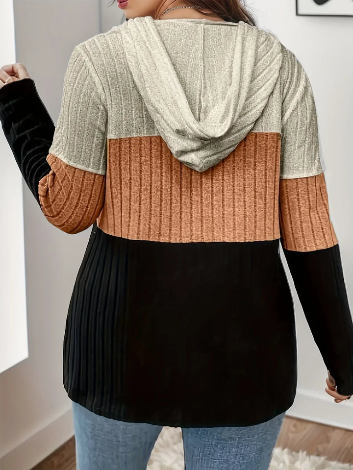 Flat lay of a warm women's color block ribbed knit pullover hoodie