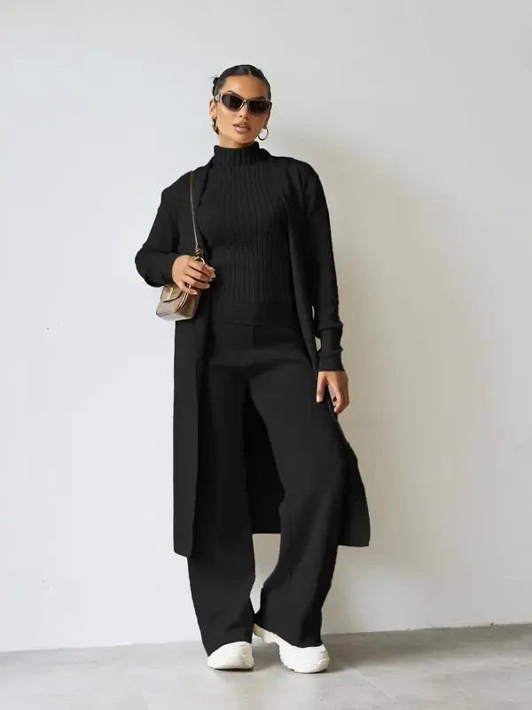 Women's ribbed knit three-piece lounge set in viscose blend, featuring high neck top, wide leg pants, and cardigan