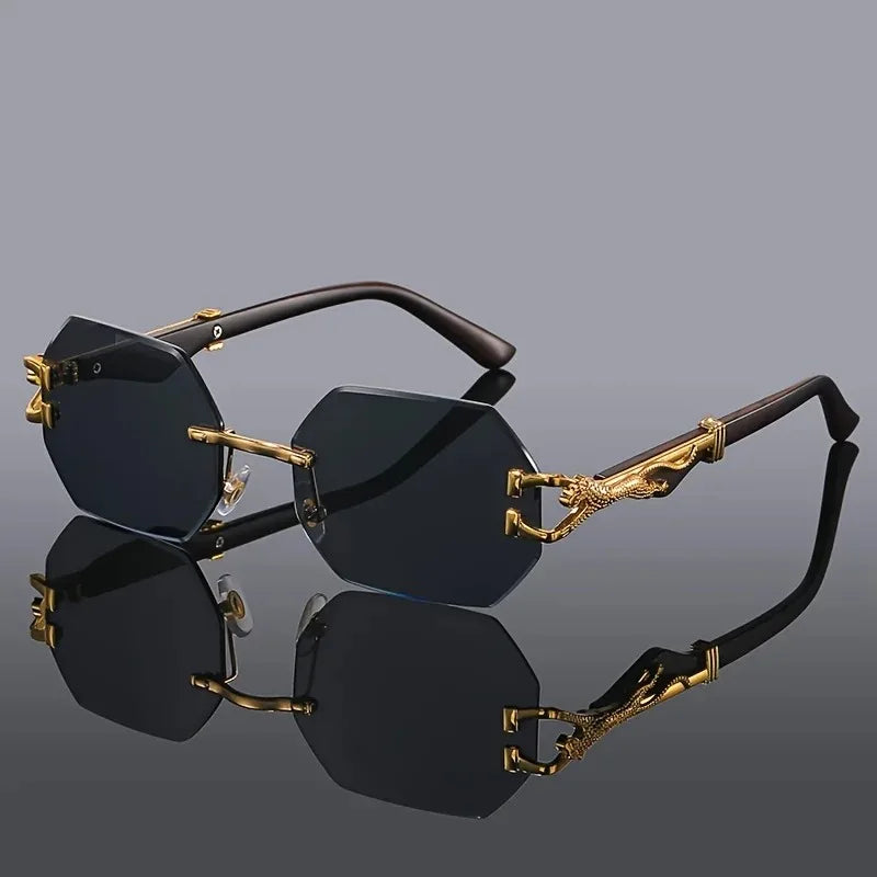 Fashionable women's geometric rimless sunglasses. A luxury accessory with an eye-catching gold panther.