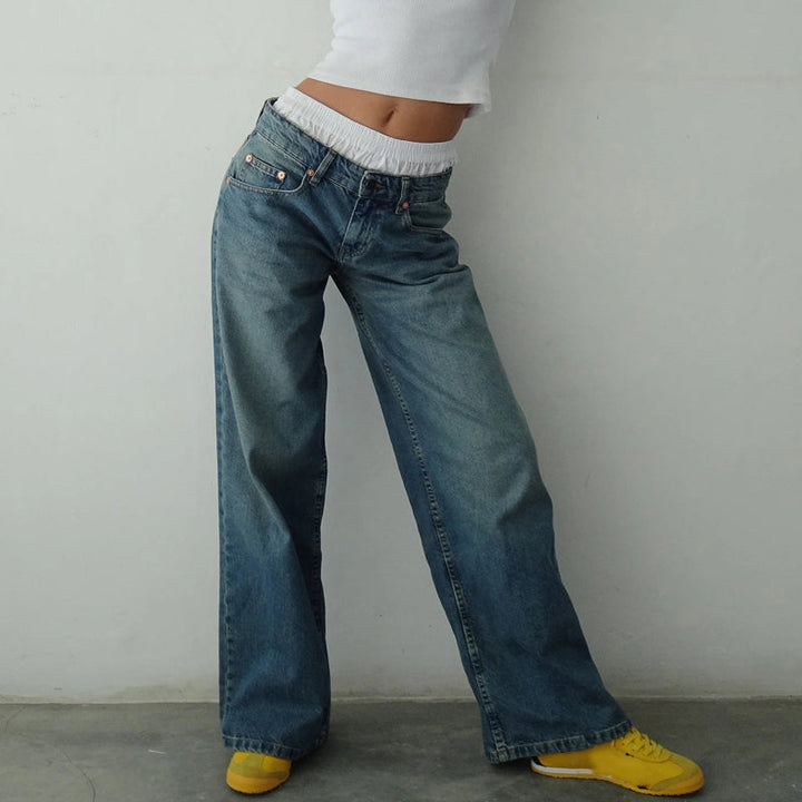 Casual cotton Rivoli women's wide-leg jeans, stylish mid-rise, comfortable relaxed denim