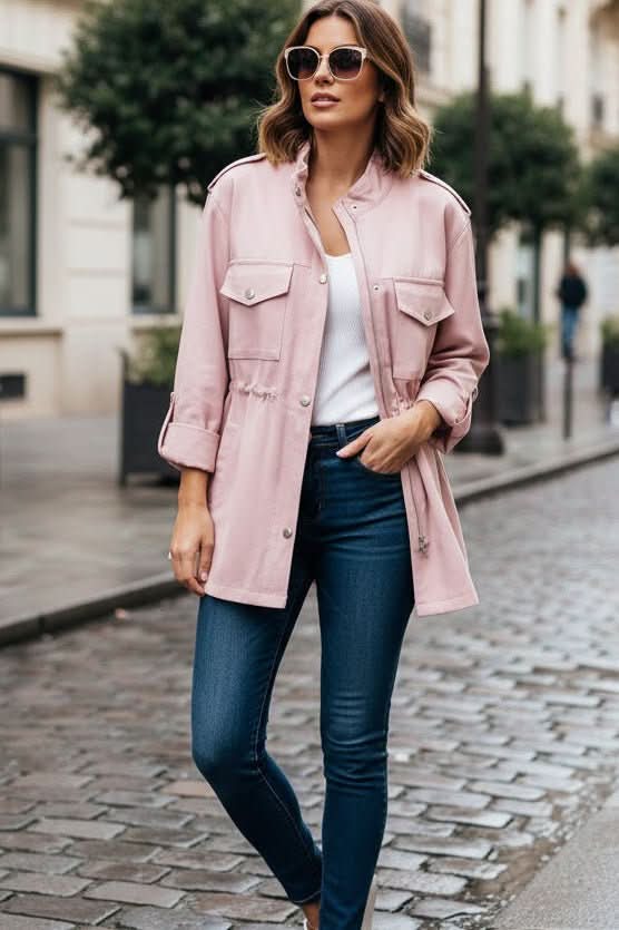 Women's rugged utility jacket with stylish open back for modern fashion outerwear. Versatile casual chic layering.
